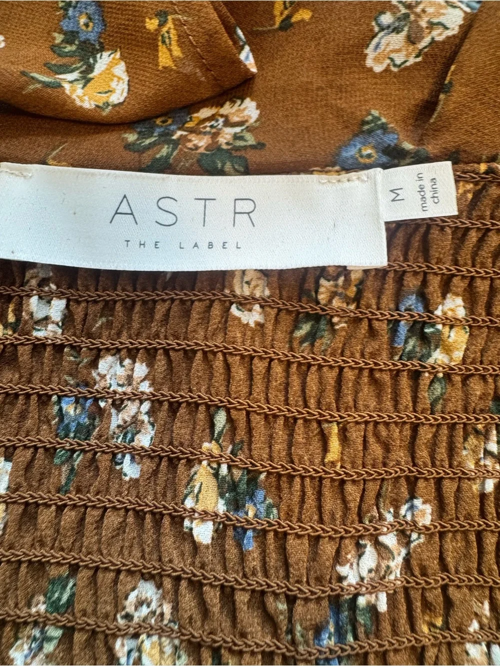 ASTR the Label Brown Ditsy Floral Ruffle Long Sleeve Smocked Top
